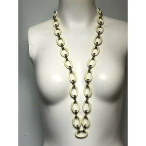 Vintage Monet Faux Ivory Carved Oval Links Mod Necklace 36" Gold-tone Chain